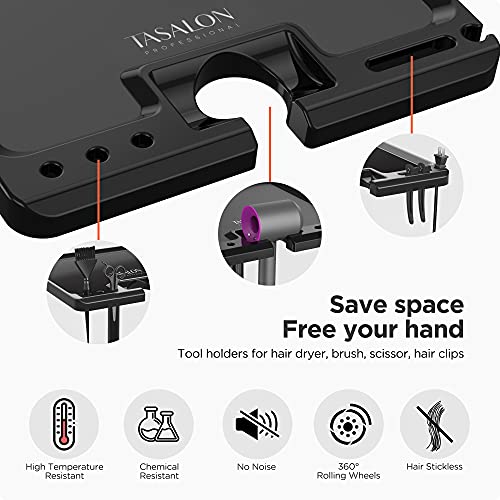 TASALON Ultimate Salon Tray on Wheels,Tray Cart with 2 Magnetic Bowls Irony Tattoo Table Station Rolling Tray with Hair Stickless Wheels,Chemical-Resistant Hair Stylist Instrument Tray,Tray for Dyson