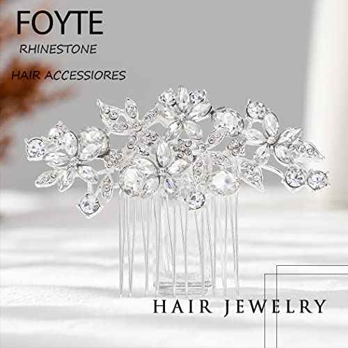 Foyte Crystal Bride Wedding Hair Comb Silver Flower Bridal Headpieces Leaf Hair Pieces Rhinestone Bridesmaid Side Combs Hair Accessories for Women (crystal silver)
