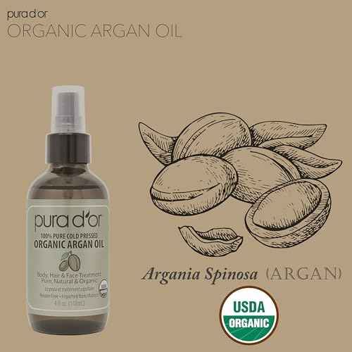 PURA D'OR 4 Oz ORGANIC Moroccan Argan Oil - USDA Certified 100% Pure & Cold Pressed Virgin Premium Grade Natural Moisturizer Treatment For Dry, Damaged Skin, Hair, Face, Body & Scalp - Men & Women