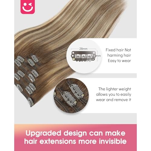 Youngsmile Human Hair Clip in Extensions, 16 Inch 120g 7Pcs Hair Extensions Clip in Balayage Chocolate Brown Mixed Caramel Blonde Human Hair Easy to Install,Thick End,Soft Silk (CLIP#4/27/4-16Inch)