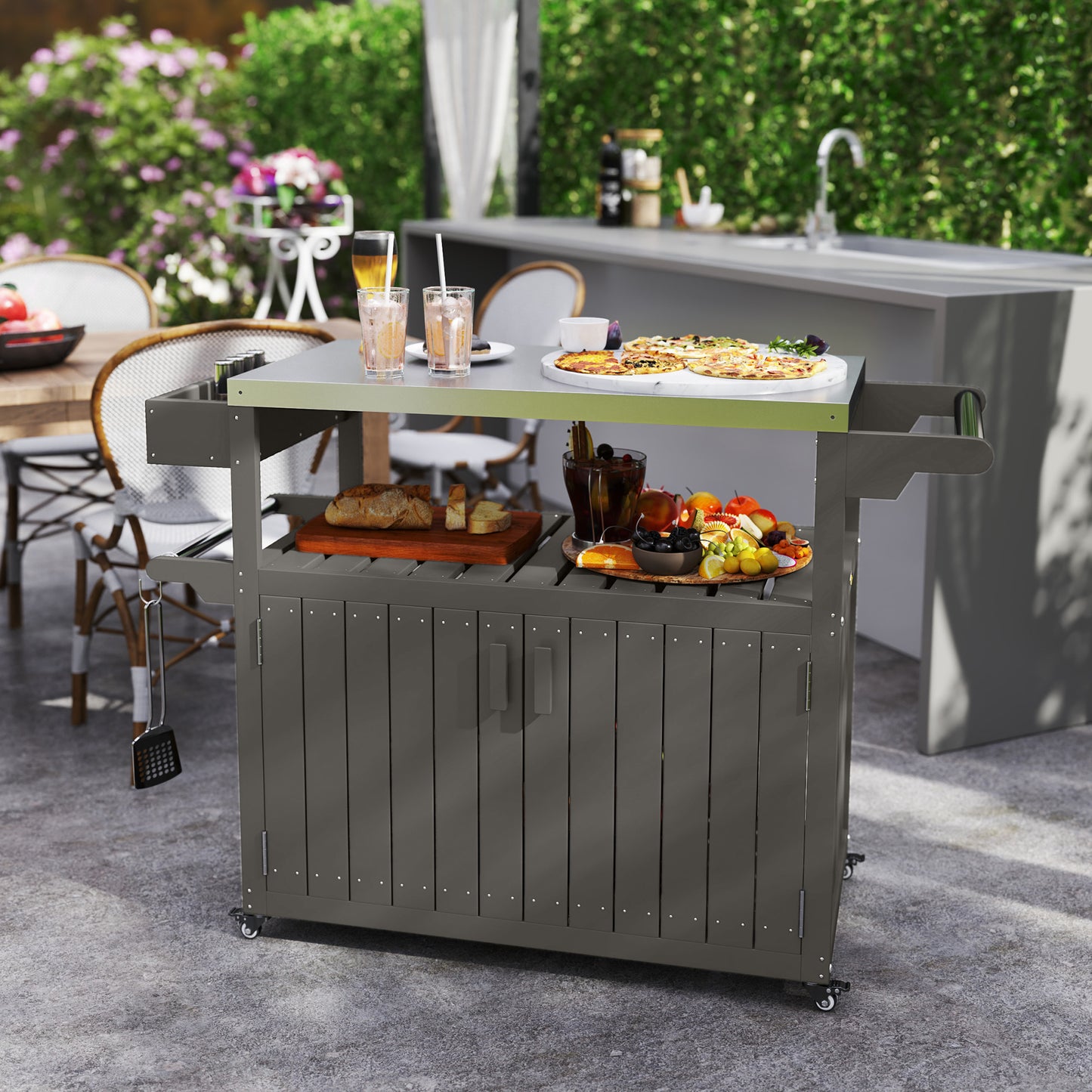 Outdoor Bar Cart - Stainless Steel Top, HDPE Storage, Wheeled - Dark Gray