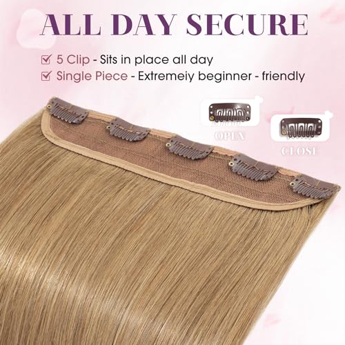 S-noilite One Piece Hair Extensions Clip in Human Hair 5 Clips 3/4 Full Head Clip on Remy Hair Extension for Women,One-Piece Design Adding Hair Volume 24 Inch 60g #Dark Blonde