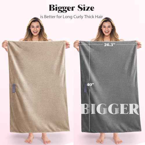 MABAO 2 Pack Microfiber Hair Towel Wrap for Women, Quick Dry Hair Turban Towel with Elastic Band, Microfiber Plopping Towel for Curly Hair, Stocking Stuffers for Women (Gray, Camel)