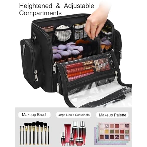 Makeup Brush Bag, Clear Makeup Brush Holder with Lid, Extra Large Capacity Travel Cosmetic Bag Makeup Artist Must Haves, Black Makeup Case, Make Up Organizers and Storage, with Adjustable Dividers