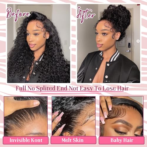 Hidden Strap 360 Deep Wave Lace Front Wigs Human Hair Curly Bob Wig With Drawstring 360 Full Lace Frontal Wigs Human Hair Bob Wigs For Black Women 360 Lace Front Wigs Pre Plucked(12inch)