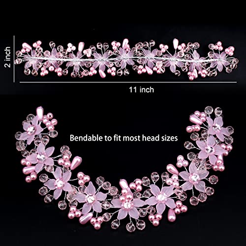 CURASA Flower Girl Crystal Pink Pearl Headband for Women's Wedding, Princess Crown for Birthday, First Communion