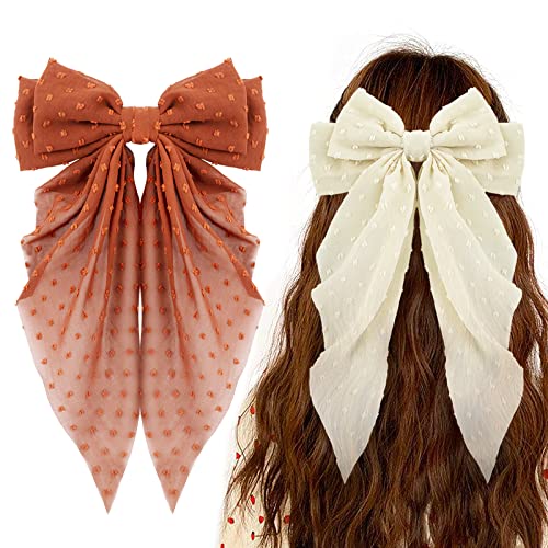 Big Bow Hair Accessories 2pcs - Long Tail French Red Beige Barrettes for Women and Girls, Soft Dress Up Decor for Birthday, Bachelorette Party, Christmas, Thanksgiving, Wedding
