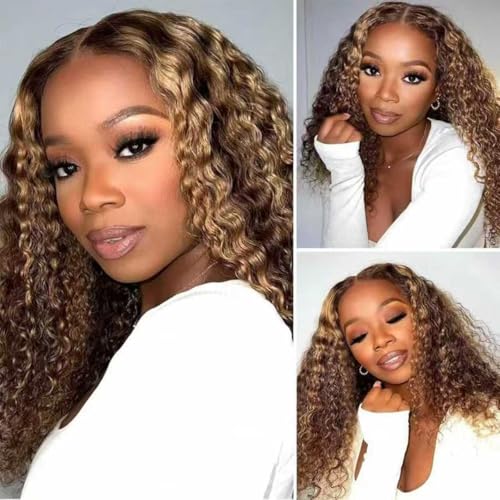 Juvid 200% Density 13x6 Highlight HD Lace Front Wig Human Hair Curly Human Hair Honey Blonde 4/27 Ombre Lace Frontal Pre Plucked Baby Hair 100% Virgin Hair Wigs for Black Women Deep Curl 18inch