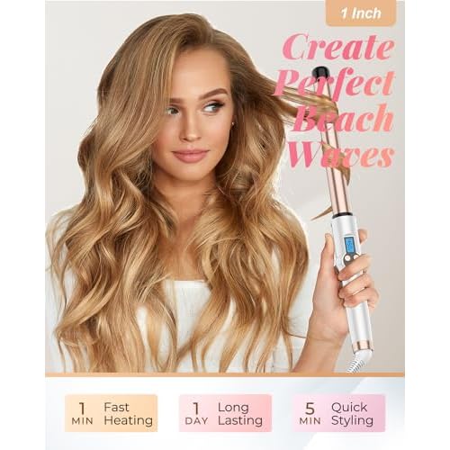 1 Inch Extra Long Barrel Curling Wand, Ceramic Tourmaline Curling Wand Professional Dual Voltage with Adjustable Temperature