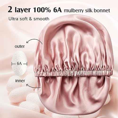 YFONG Double Layered 100% Silk Bonnet for Sleeping Women, 22 Momme Pure Mulberry Silk Sleep Cap with Adjustable Elastic Band Stay On Head£¬Reduce Frizz, Keep Hairstyle, Soft & Breathable, Pink, M
