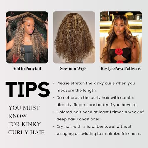 #P4/27 Highlight Kinky Curly Bundles Human Hair 10 12 14 In, Honey Blonde Highlight Brazilian Tight Curly Bundles Thick Track 12A 100% Virgin Ombre Brown Colored Human Hair 3 Bundles Remy Sew In