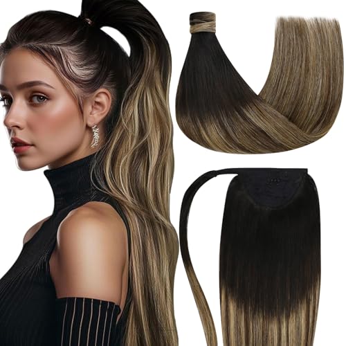 LaaVoo Ponytail Extension Human Hair Black Pony Tails Hair Extensions Real Human Hair Long Ponytail Hair Extensions Black Balayage Dark Brown Mix Caramel Blonde 20 Inch 80g