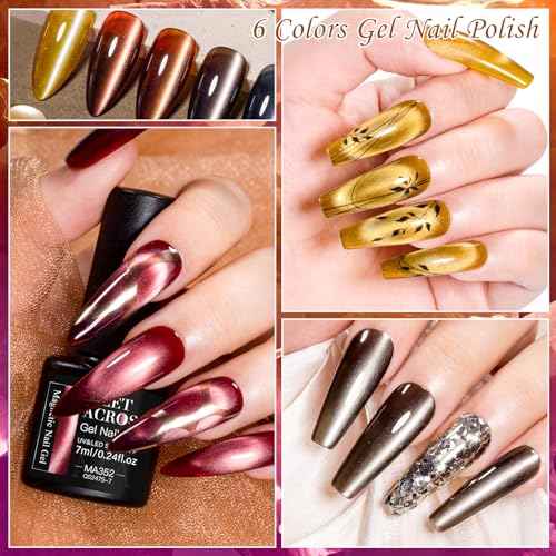 MEET ACROSS Amber Cat Eye Gel Polish Set Brown Glitter Gel Polish Kit Nude Cat Eye Gel Nail Polish Magnet Translucent Soak Off UV Cateye Nail Polish with Magnet Fall and Winter Gifts