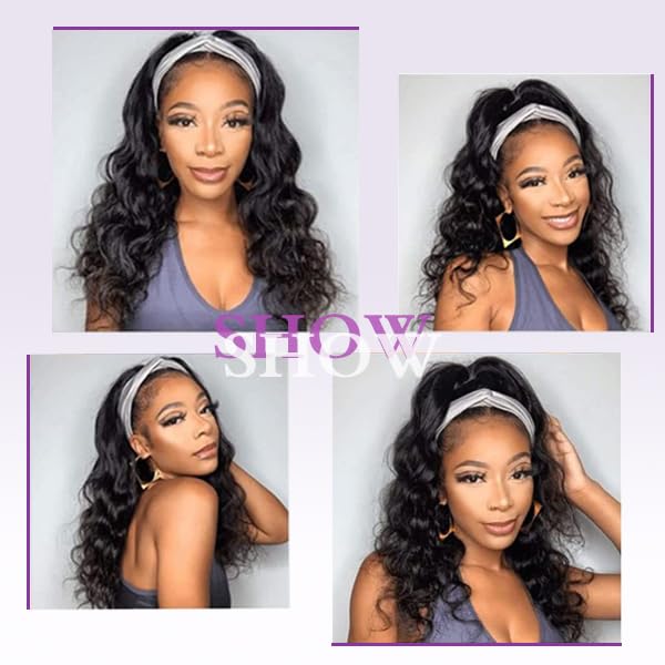 Prisyfab Body Wave Headband Wig Headband Wigs for Black Women Human Hair Glueless Wear and Go Glueless 100% Brazilian Virgin Human Hair Headband Wig 150% Density (24inch)