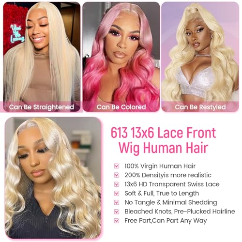 613 Lace Front Wig Human Hair 200 Density 13x6 Body Wave Blonde Wig Human Hair 613 HD Blonde Lace Front Wigs 613 Lace Frontal Wigs Pre Plucked for Women (20 Inch)