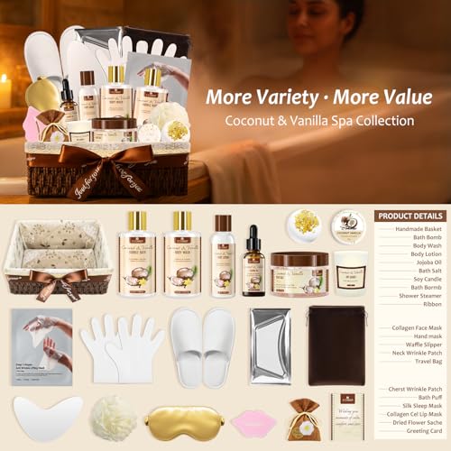 Bath and Body Gift Basket Set for Women - Coconut Vanilla Spa Gift Basket - Premium 21?Piece Luxury Bath & Body Gift Set for Self Care - Gift ready for Mothers Day, Christmas, Birthday Gifts