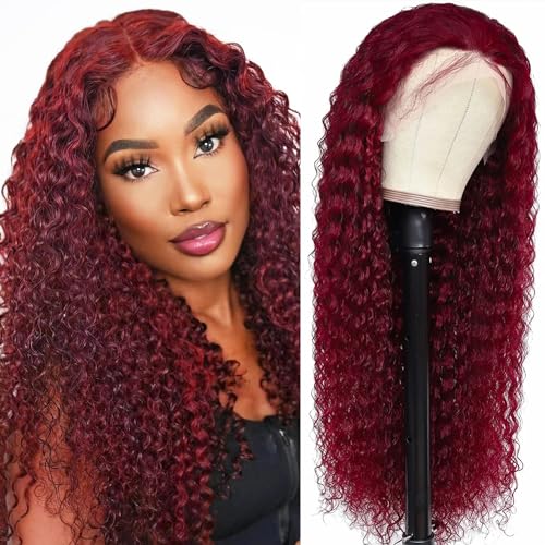 DJFG Deep Wave Lace Front Wigs Human Hair Curly Wig Human Hair HD Frontal 200 Density 13x6 Lace 99j Burgundy Red 18 Inch