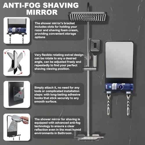 Shower Mirror for Shaving Fogless with Multifunctional Storage for Razor and Shaving Foam Canister,Adjustable Angle Mirror (Black)
