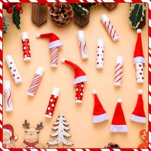 25 Set Christmas Peppermint Flavor Lip Balms Bulk 25 Pcs Candy Flavor Lip Balms & 25 Pcs Mini Santa Hats Cute Xmas Decoration Christmas Party Favor Stocking Stuffer Gifts for Coworker Staff Employee