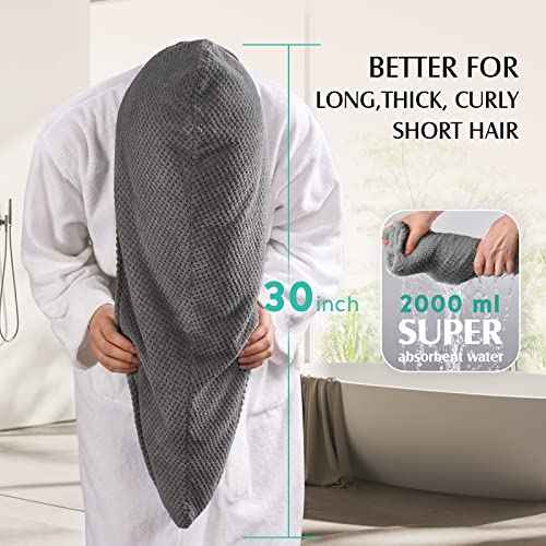 YFONG 3 Pack Large Microfiber Hair Towel Wrap, 30" x 10" Anti Frizz Quick Dry Hair Towels for Women Long, Curly, Thick Hair, Super Absorbent Hair Turban for Wet Hair (Grey, White, Camel)
