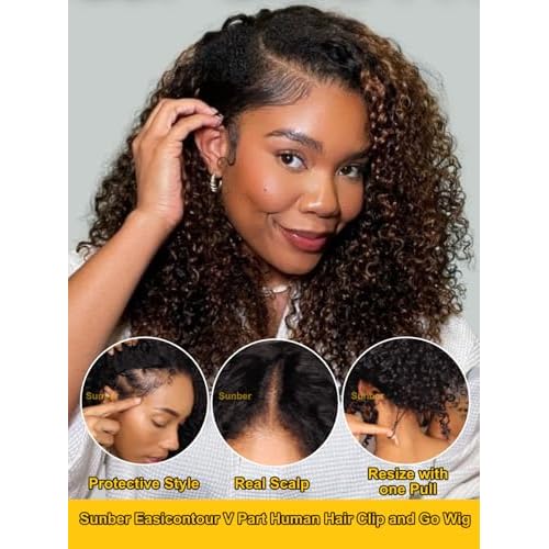 Sunber EasiContour V Part Curly Human Hair Wigs Ombre Brown with Drawstring Glueless 180% Density Upgrade No Leave Out Vpart No Gel Beginner Friendly Clip in Vpart Curly Wigs 14Inch