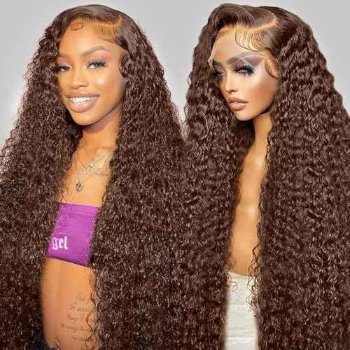 Gaoshi 13x6 Chocolate Brown Lace Front Wig Human Hair Deep Curly HD Deep Wave Lace Front Wigs Human Hair Colored Deep Curly Lace Frontal Wigs Glueless Wig for Woman Pre Plucked 20 Inch