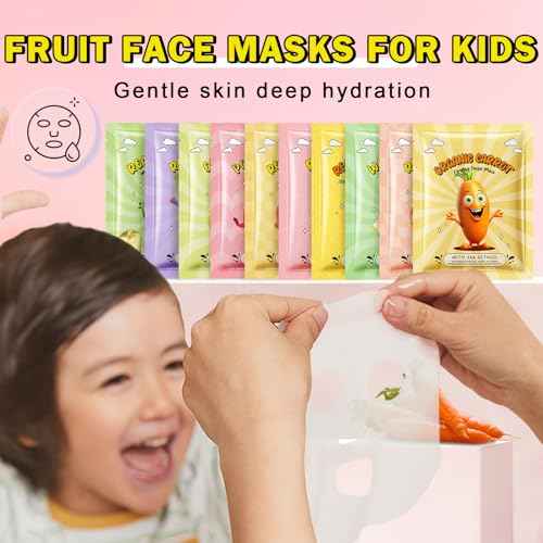 10 PCS Fruit Face Masks for Kids Face Masks Spa,Moisturizing Facial Mask Skincare Set,Birthday Christmas Gifts for Teen Girls