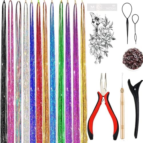 AMchoice Hair Tinsel Kit with Tools 12 Colors 3000 Strands Fairy Hair Tinsel Heat Resistant Sparkling Shiny Tinsel Hair Extensions 48 Inch Colorful Hair Tinsel strands Kit