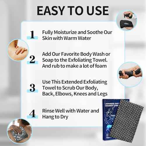 Exfoliating Washcloth Shower Towels, Premium Japanese Exfoliating Body Scrubber, Upgraded Loofah Sponge Rich in Silver Ion and Carbon Fiber, Face & Body Scrub Exfoliator with 2 Levels, Longer