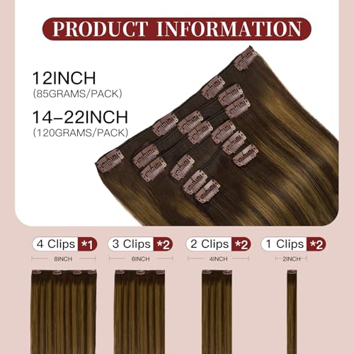 LOVELINE Clip in Hair Extensions Real Human Hair, 100% Remy Human Hair Extensions Clip Ins for Women, 7Pcs 18Inch 120g, Balayage Dark Brown Mixed Chestnut Brown