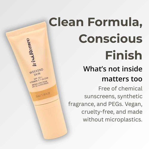 IRIS&ROMEO Weekend Skin SPF 50 Instant Glow Tinted Mineral Sunscreen with Vitamin C + Niacinamide Full Size 1.18 Oz - Universal Glow (Sheer Luminosity)