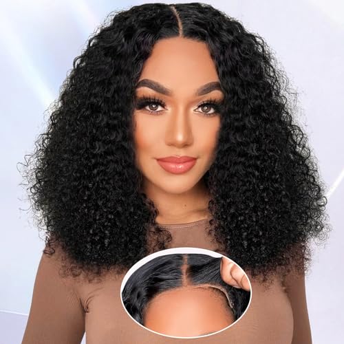 AISI Glueless Wigs Human Hair Pre Plucked Pre Cut Ready to Wear Curly Bob Wigs 5x5 HD Lace Front Wigs for Black Women 180% Density Deep Curly Lace Wigs with Elastic Band for Beginners 16 Inch