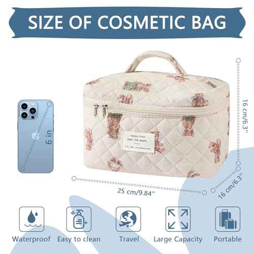 Large Makeup Bag, Cute Cosmetic Bag for Women Girls, Floral Coquette Aesthetic Toiletry Bag, Travel Make Up Organizer Bag (White-Bear)
