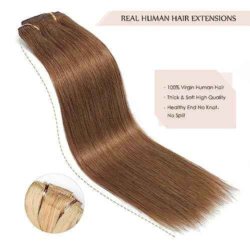 Sisily Clip in Hair Extensions Real Human Hair, 22 inch 170g, Medium Light Brown, 100% Brazilian Remy Human Hair Clip in Extensions Soft Straight 7pcs Per Set with 16 Clips Double Weft
