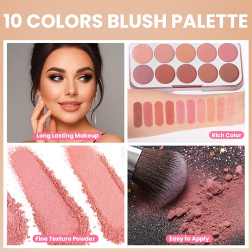 10 Colors Blush Palette for Cheeks, Lightweight Matte Finish Blush Powder for Face, Buildable Facial Makeup Palette