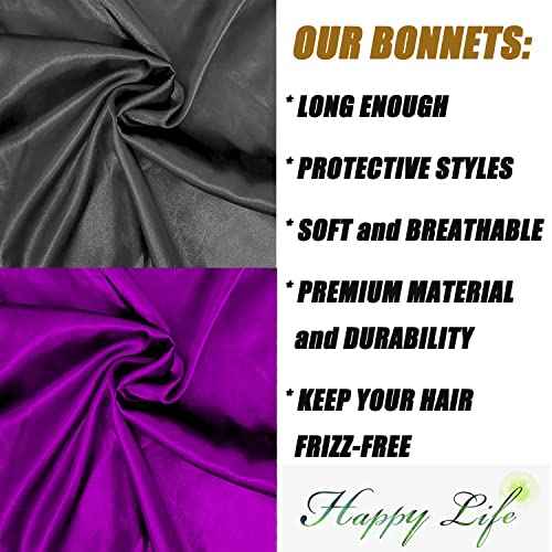 2 Pcs Hair Bonnets for Women Satin, Soft Elastic Band Silky Sleeping Cap Big Bonnets for Women Comfortable Bonnet for Braids(Black+Purple)