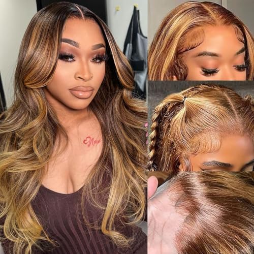 Highlight Ombre 360 Body Wave Lace Front Wigs Human Hair Pre Plucked with Baby Hair Honey Blonde 360 HD Lace Frontal Wigs Full Lace for Women 20inch