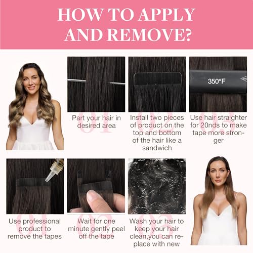 GOO GOO Tape in Hair Extensions Human Hair, 4/27/4 Balayage Chocolate Brown to Caramel Blonde, 20inch 100g 40pcs, Skin Weft Seamless Invisible, Silky Straight with Thick Ends, Remy Human Hair