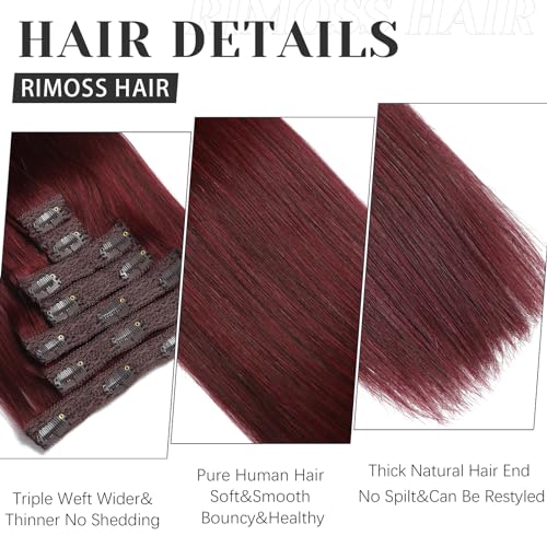 Clip in Hair Extensions Real Human Hair - 18 Inch 120g 7pcs, Burgundy Red Color - Soft Remy Human Hair Clip in Extensions Straight Double Weft for Women (#99J 18 Inch)