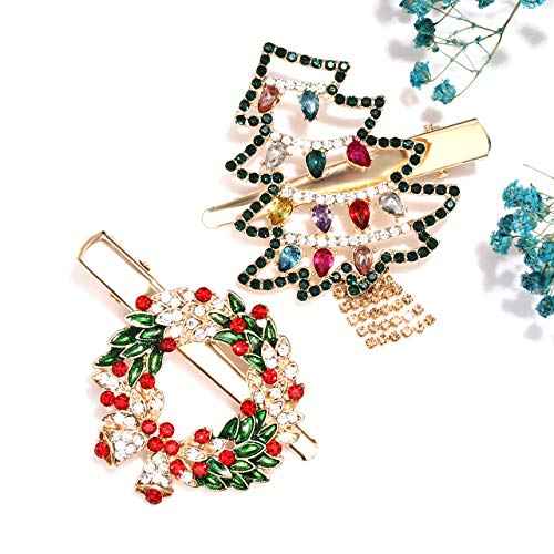 Christmas Hair Pins for Women Girls Rhinestone Crystal Snowflake Reindeer Wreath Xmas Tree Hair Clips Barrettes Accessories Festive Holiday Party Favors (Xmas tree wreath hair pins)