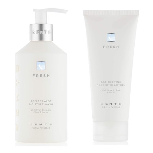 Zents Body Wash and Lotion Set (Fresh), Ageless Aloe Moisture Wash, Age Defying Probiotic Body and Hand Lotion, Cleanse, Moisturize and Nourish Dry Skin, A Powerful Skin Healing Duo