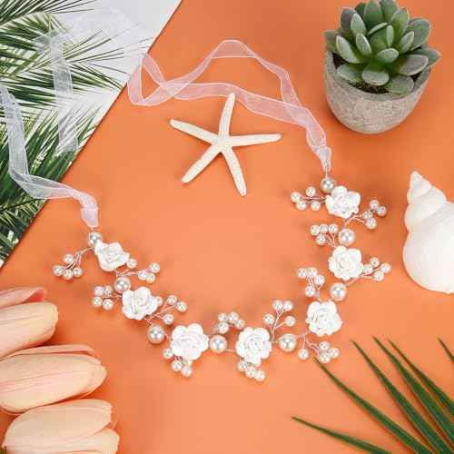 Wedding Hair Accessories for Kids, Princess Headpiece White Flower Headband with Pearls for Communion