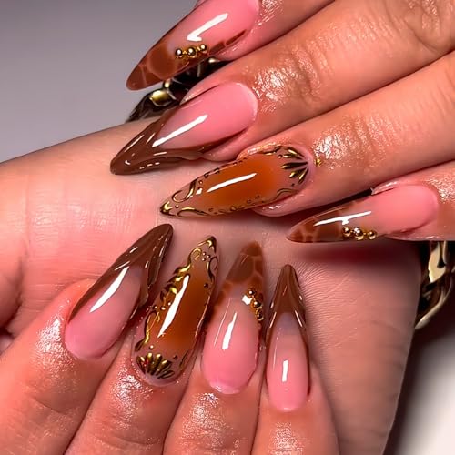 Long Stiletto Press on Nails Brown French Tip Fake Nails with 3D Gold Rhinestone Design Full Cover Glossy Glue on Nails Acrylic False Nails for Women Girls 24 Pcs (Brown-23, L-23)