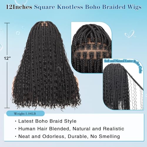 12inch 13x8 Hd Lace Front Braided Wigs for Women Knotless Boho Braided Wigs Short Box Braid Wig with Baby Hair Premium Synthetic Curly Braided Lace Front Wigs Natural Black