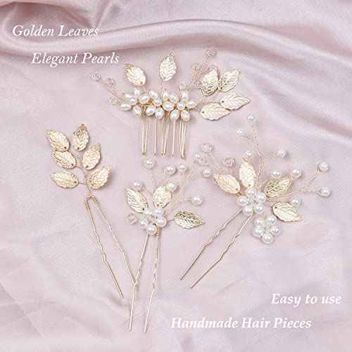 4 Pieces Bridal Wedding Hair Pins Gold Leaf Crystal Pearl Hair Pins Clips Flower Headpiece Vintage Wedding Hair Accessories for Brides Bridesmaids Women Girls