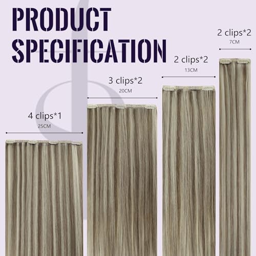 Fshine Hair Extensions Clip in Highlighted Light Brown Mixed with Platinum Blonde Clip in Hair Extensions Remy Human Hair 16 Inch Double Weft Clip in Real Hair Extensions 120g 7pcs