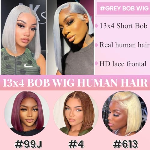 Grey Bob Wigs Human Hair 13¡¿4 Grey Lace Front Wigs Human Hair HD Lace Frontal Wigs 180 Density Grey Human Hair Bob Wigs for Black Women 12 Inch