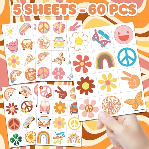 60PCS One Two Groovy 60s 70s Pre-Cut Temporary Tattoos for Kids Birthday Theme Party Supplies Decorations Favors Decor Super Cute Retro Hippie Rainbow Tattoo Stickers Gift for School Prizes Girls Boys