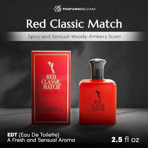 PB ParfumsBelcam Red Classic Match Eau de Toilette - Spicy Woody Amber Fragrance for Men, Long-Lasting Masculine Scent, Affordable Cologne Alternative, Signature Fragrance - 2.54 Fl Oz