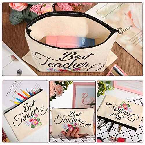 Frienda 15-Piece Teacher Makeup Bag Set - Canvas Cosmetic Bags with Zipper, 3 Styles - Travel Toiletry Pouch - Teacher Appreciation Gift Bags